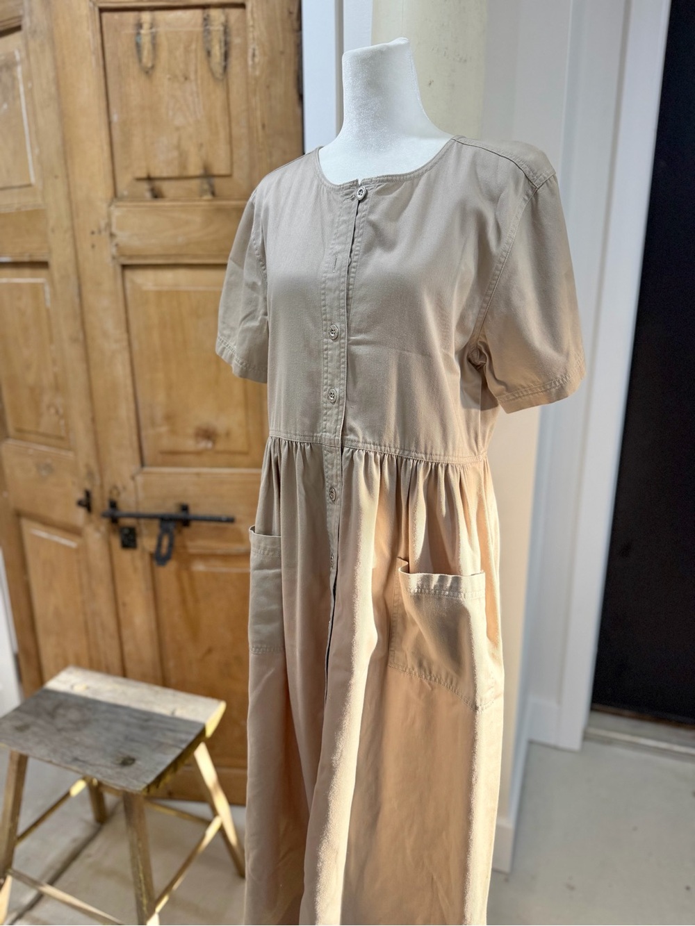 Erika Tan Button-Front Midi Dress